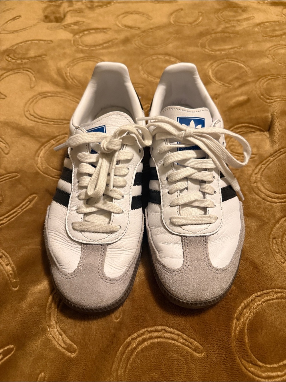 adidas White Leather Sneakers with Black Stripes and Gray Suede Toe